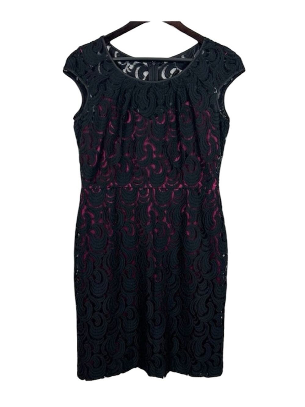 Tahari Elegant Black Lace Overlay Sheath Dress with Pink Lining Size 8P